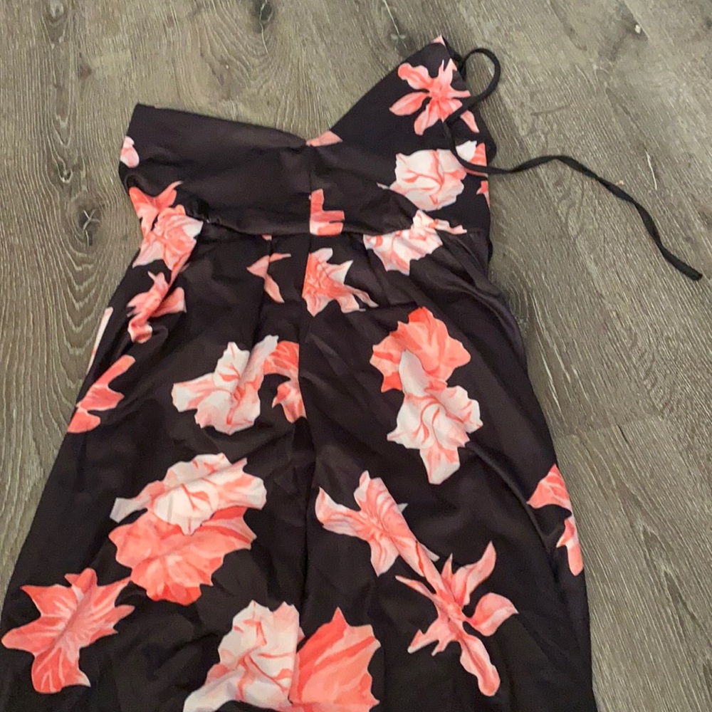 Strapped black long dress with red white and pink flowers v neck